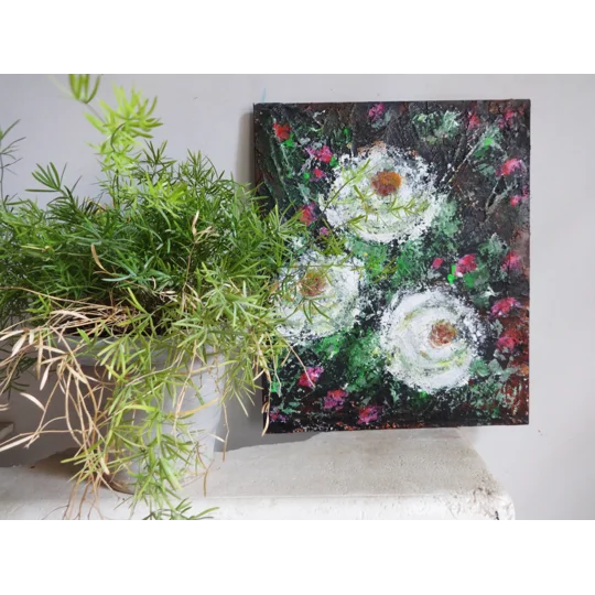 White Roses with Pink Buds Textured Acrylic Mixed Media Framed Painting