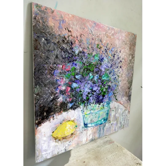 Wild Flower Bouquet With Lemon Still Life Impasto Oil Painting