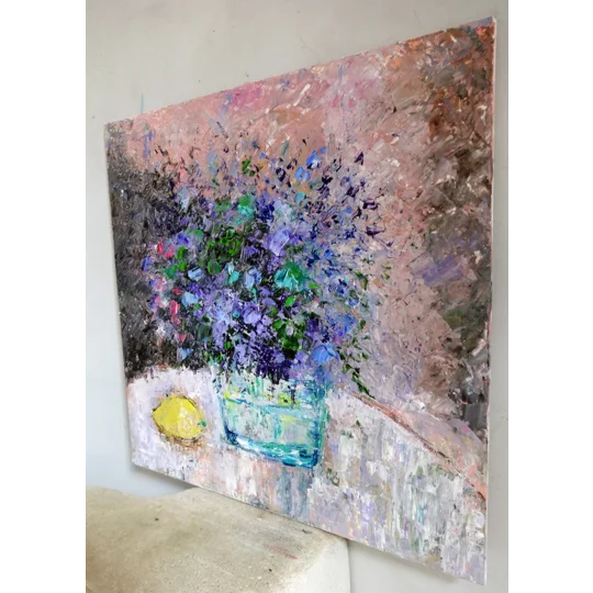 Wild Flower Bouquet With Lemon Still Life Impasto Oil Painting