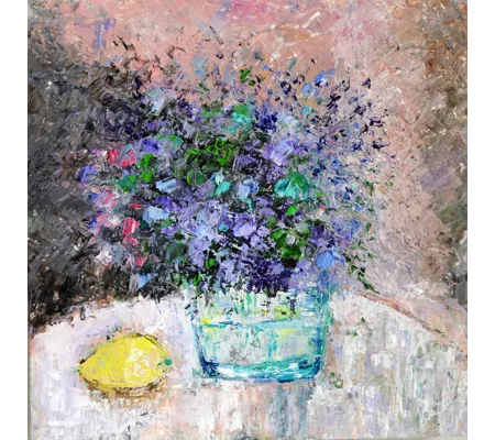 Wild Flower Bouquet With Lemon Still Life Impasto Oil Painting
