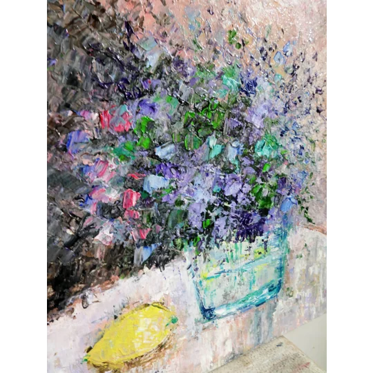 Wild Flower Bouquet With Lemon Still Life Impasto Oil Painting