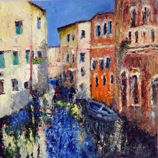 Original textured oil painting of venice italy by contemporary artist Indrani Ghosh
