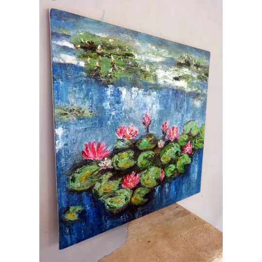 Original Hand-Painted Pink Water Lilies in the Pond Textured Framed Oil Painting | 12"x12"