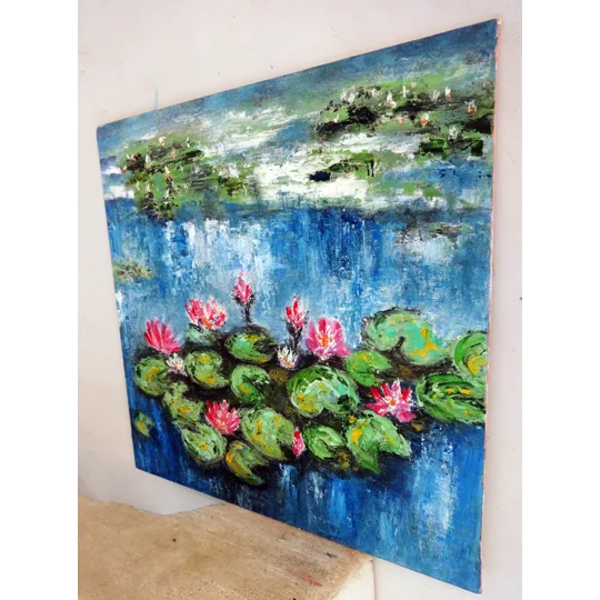 Original Hand-Painted Pink Water Lilies in the Pond Textured Framed Oil Painting | 12"x12"