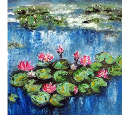Original Hand-Painted Pink Water Lilies in the Pond Textured Framed Oil Painting | 12"x12"