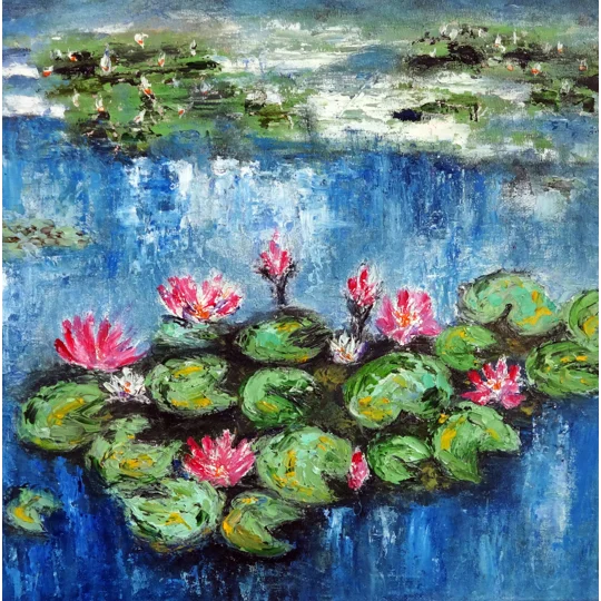 Original Impasto oil painting of pink water lilies in a pond by contemporary artist Indrani Ghosh