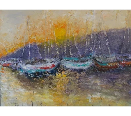 SOLD - Yachts during Sunset in the Dock Impasto Oil Painting
