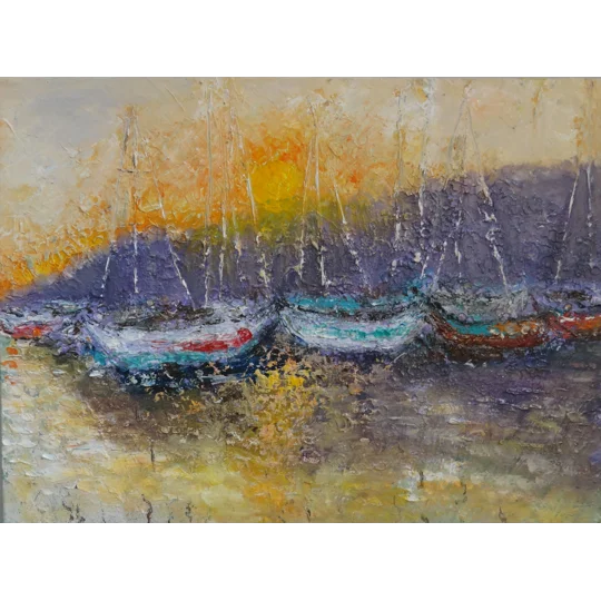 SOLD - Yachts during Sunset in the Dock Impasto Oil Painting
