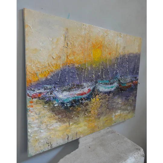 SOLD - Yachts during Sunset in the Dock Impasto Oil Painting