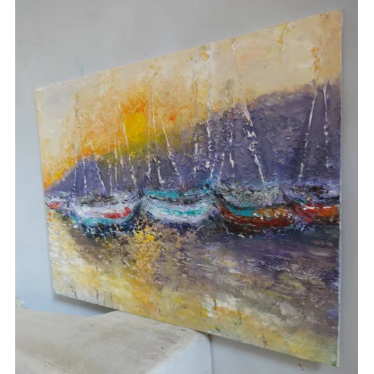 SOLD - Yachts during Sunset in the Dock Impasto Oil Painting