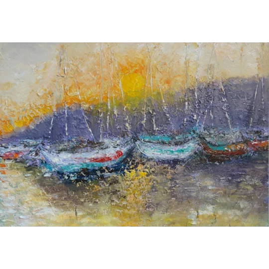 SOLD - Yachts during Sunset in the Dock Impasto Oil Painting