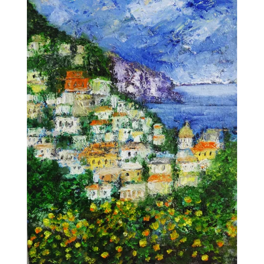 Original oil painting of positano landscape by contemporary artist Indrani Ghosh
