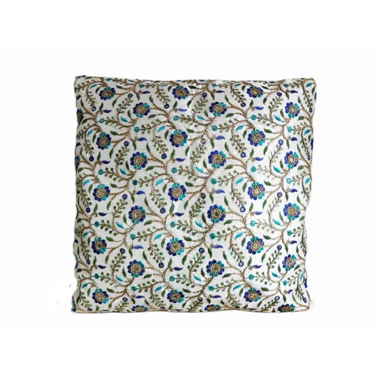 IGArt Embroidered Ethnic Design Silk Cushion Covers 16"X16" Set of 5 (Blue Flowers)