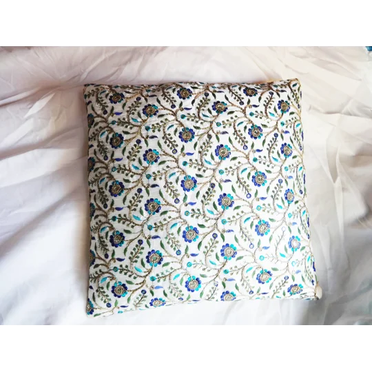 IGArt Embroidered Ethnic Design Silk Cushion Covers 16"X16" Set of 5 (Blue Flowers)