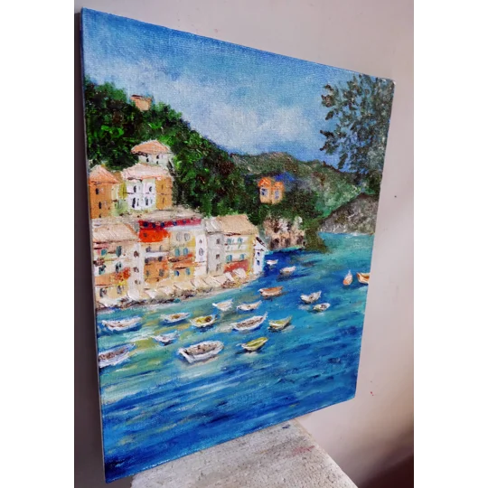 Original Hand-Painted Portofino Seascape Mini Oil Painting | 8"x 10"