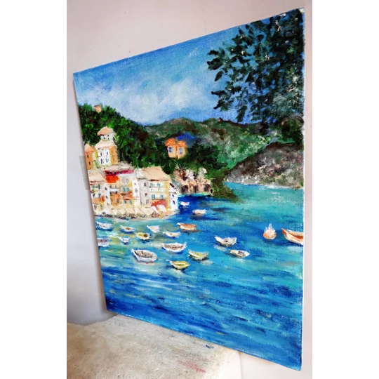 Original Hand-Painted Portofino Seascape Mini Oil Painting | 8"x 10"