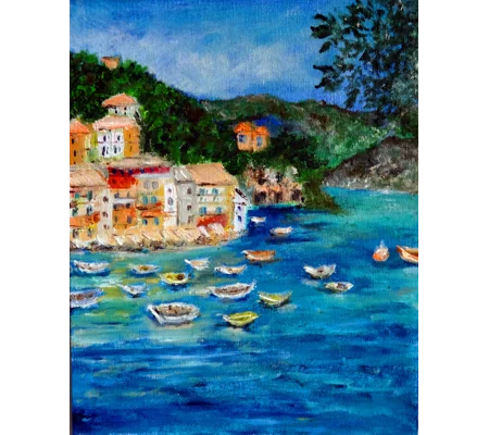 Original Hand-Painted Portofino Seascape Mini Oil Painting | 8"x 10"