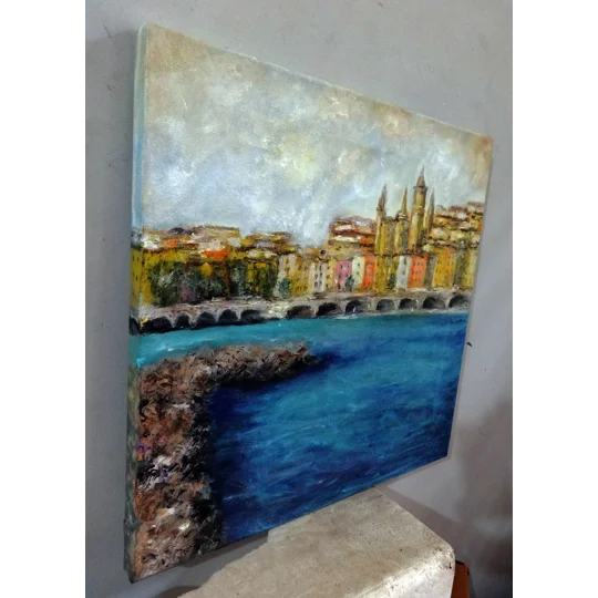 Original Hand-Painted Menton Seascape Oil Painting | 15"x15"