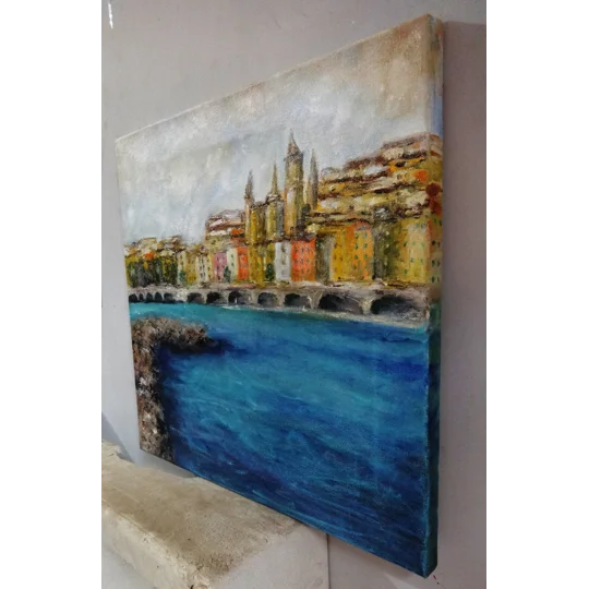 Original Hand-Painted Menton Seascape Oil Painting | 15"x15"