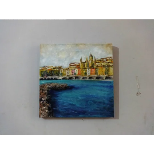 Original Hand-Painted Menton Seascape Oil Painting | 15"x15"