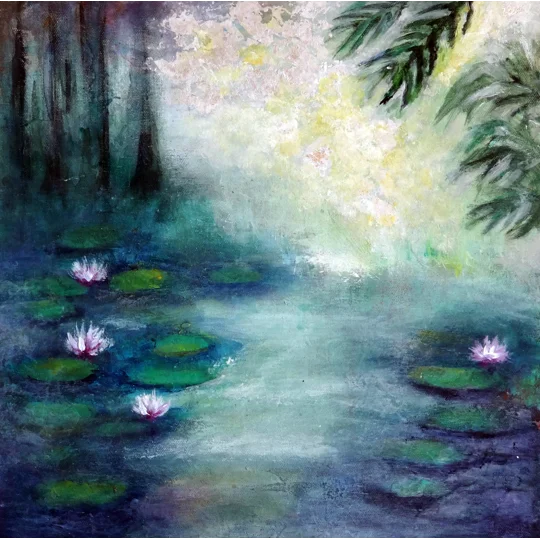Serenity Amidst the Jungle - Acrylic Painting of a Water Lily Pond