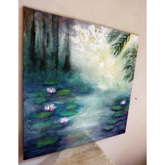 Serenity Amidst the Jungle - Acrylic Painting of a Water Lily Pond