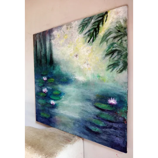 Serenity Amidst the Jungle - Acrylic Painting of a Water Lily Pond
