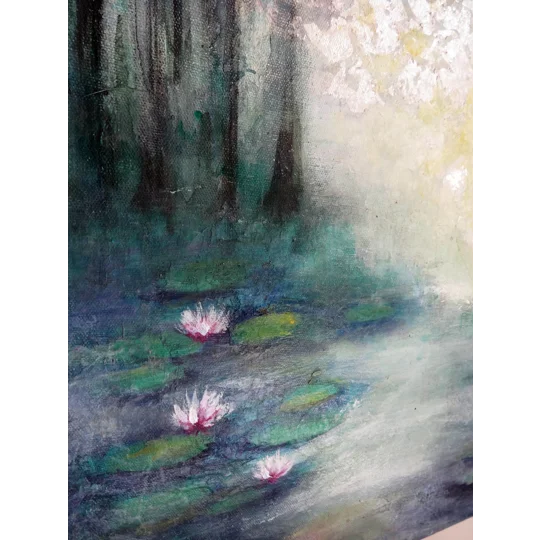 Serenity Amidst the Jungle - Acrylic Painting of a Water Lily Pond