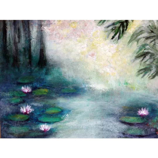 Serenity Amidst the Jungle - Acrylic Painting of a Water Lily Pond