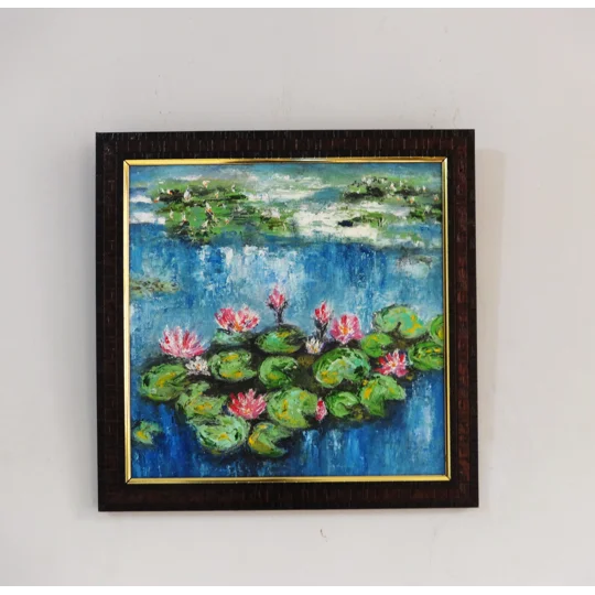 Original Hand-Painted Pink Water Lilies in the Pond Textured Framed Oil Painting | 12"x12"