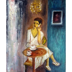 Woman at a Cafe – Elegant Figurative Oil Painting