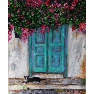 Door with Bougainvillea and a Cat Oil Painting