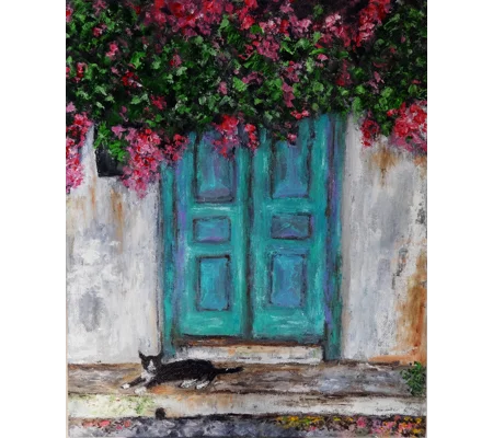 Door with Bougainvillea and a Cat Oil Painting