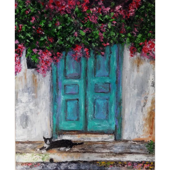 Door with Bougainvillea and a Cat Oil Painting