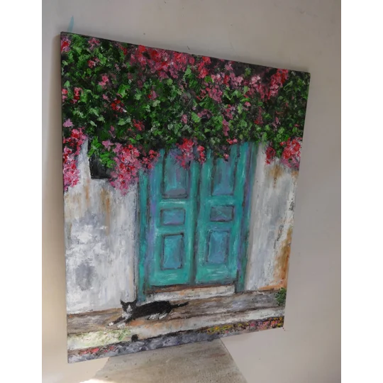 Door with Bougainvillea and a Cat Oil Painting