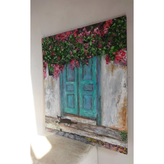 Door with Bougainvillea and a Cat Oil Painting