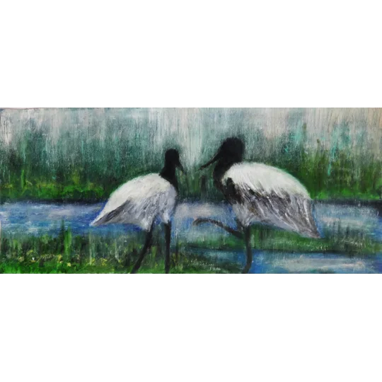 SOLD - The Crane Birds Oil Painting