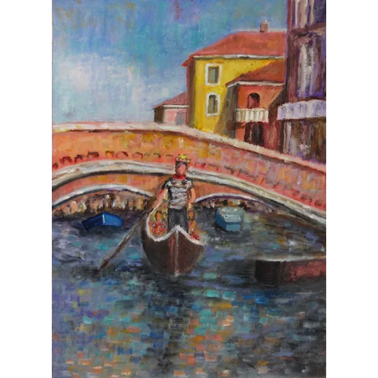 Original oil painting of gondolas in venice by contemporary artist Indrani Ghosh