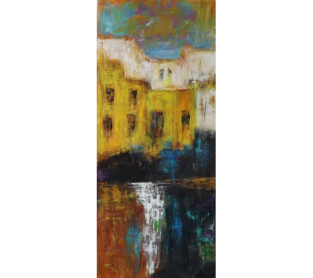 Original Hand-Painted Abstract Cityscape Mixed Media Painting | 12"x 28"