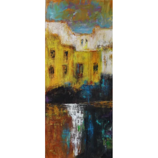 Original mixed media acrylic painting of abstract cityscape by contemporary artist Indrani Ghosh