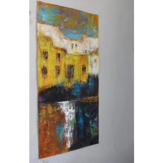 Original Hand-Painted Abstract Cityscape Mixed Media Painting | 12"x 28"