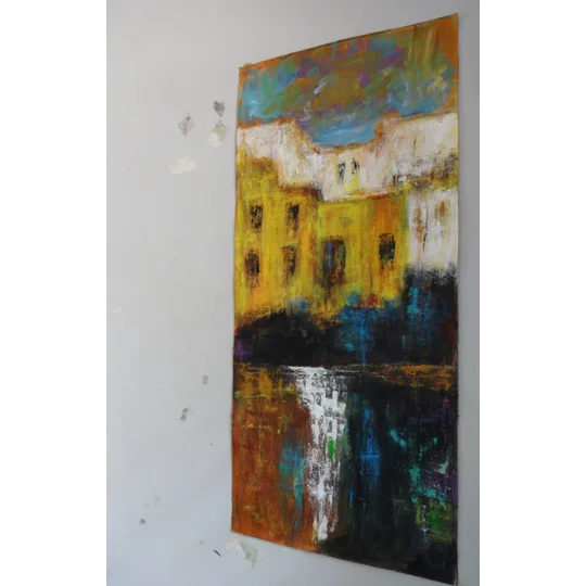 Original Hand-Painted Abstract Cityscape Mixed Media Painting | 12"x 28"