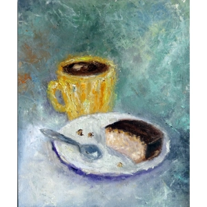 A cup of coffee with a pastry in a plate still life oil painting
