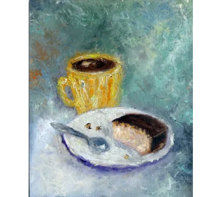 Original Hand-Painted A cup of coffee with a pastry in a plate still life oil painting | 12"X10"