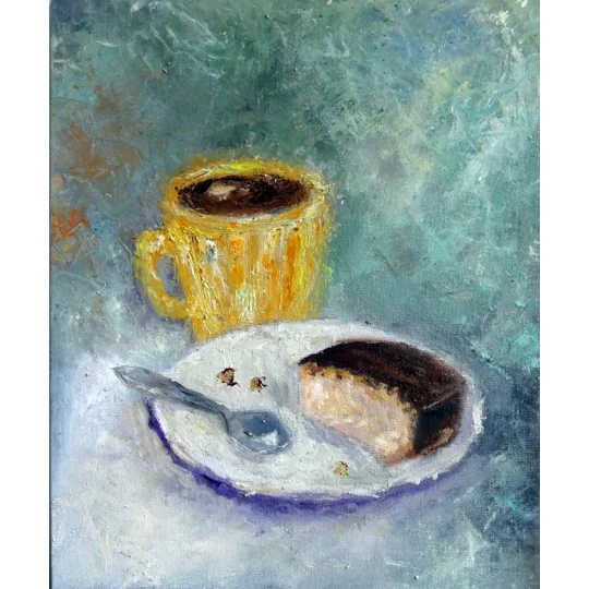 Original oil painting of a cup of black coffee and pastry by contemporary artist Indrani Ghosh