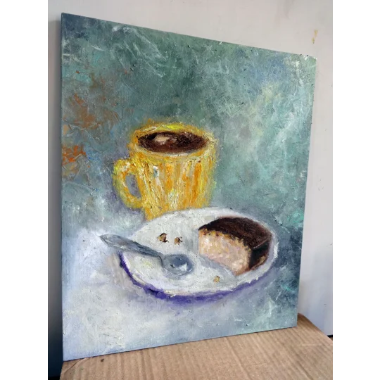 Original Hand-Painted A cup of coffee with a pastry in a plate still life oil painting | 12"X10"