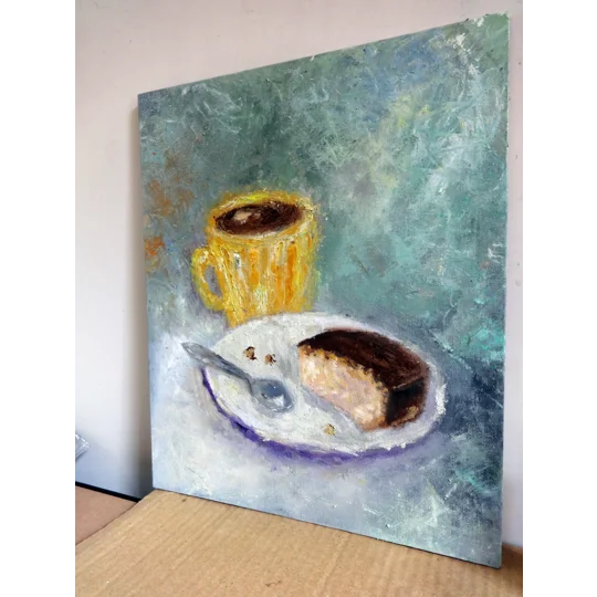 Original Hand-Painted A cup of coffee with a pastry in a plate still life oil painting | 12"X10"