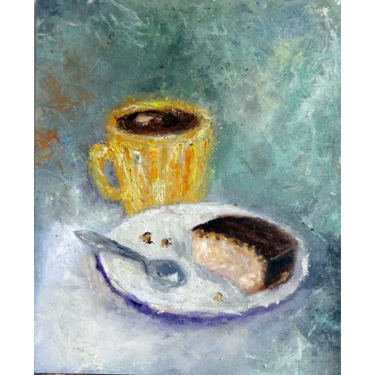 Original Hand-Painted A cup of coffee with a pastry in a plate still life oil painting | 12"X10"