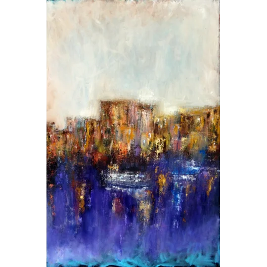 Abstract Coastal Cityscape Mixed Media Painting