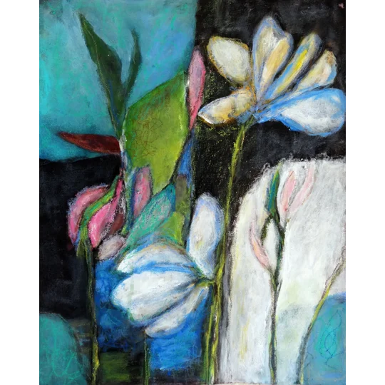Original mixed media painting of abstract magnolia flowers by contemporary artist Indrani Ghosh